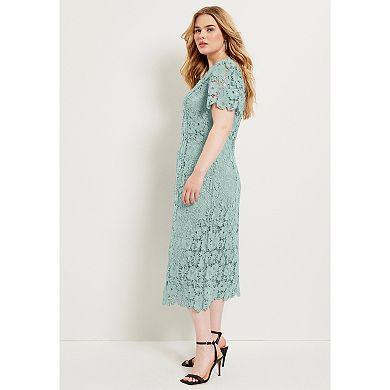 June & Vie Women's Plus Size Square-Neck Lace Midi Dress