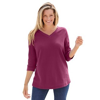 Woman Within Plus Size Three-Quarter Sleeve Thermal Sweatshirt