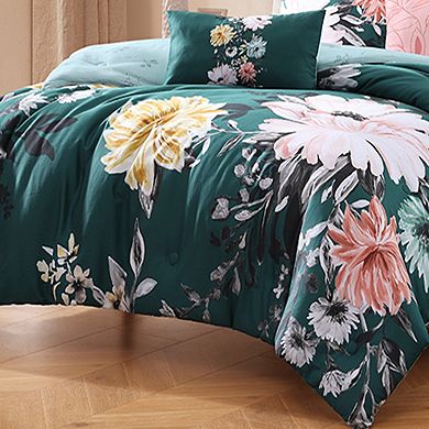 Bebejan Wild Flowers on Teal 200 Thread Count 100% Cotton Sateen 5 Piece Reversible Comforter Set