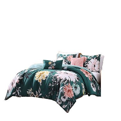 Bebejan Wild Flowers on Teal 200 Thread Count 100% Cotton Sateen 5 Piece Reversible Comforter Set