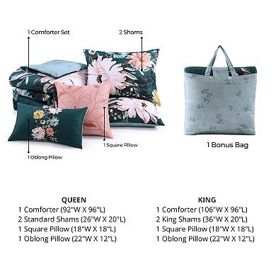 Bebejan Wild Flowers on Teal 200 Thread Count 100% Cotton Sateen 5 Piece Reversible Comforter Set