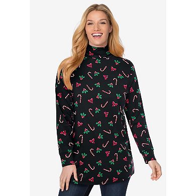 Woman Within Plus Size Perfect Printed Long-Sleeve Turtleneck Tee