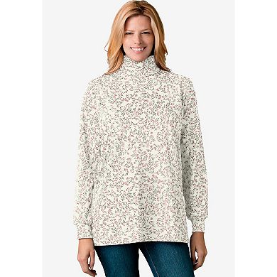Woman Within Plus Size Perfect Printed Long-Sleeve Turtleneck Tee