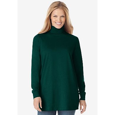 Woman Within Plus Size Perfect Printed Long-Sleeve Turtleneck Tee