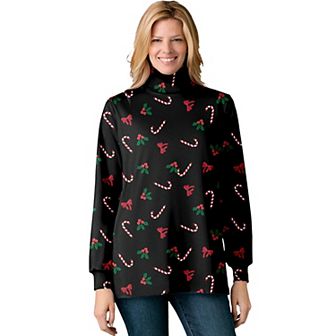 Woman Within Plus Size Perfect Printed Long-Sleeve Turtleneck Tee