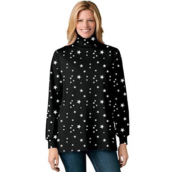 Woman Within Plus Size Perfect Printed Long-Sleeve Turtleneck Tee