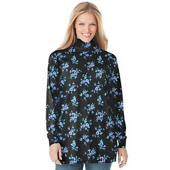 Woman Within Plus Size Perfect Printed Long-Sleeve Turtleneck Tee