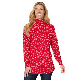 Woman Within Plus Size Perfect Printed Long-Sleeve Turtleneck Tee