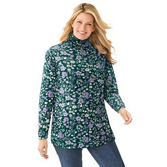 Woman Within Plus Size Perfect Printed Long-Sleeve Turtleneck Tee