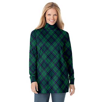 Woman Within Plus Size Perfect Printed Long-Sleeve Turtleneck Tee