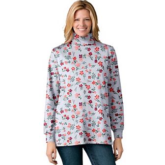 Woman Within Plus Size Perfect Printed Long-Sleeve Turtleneck Tee