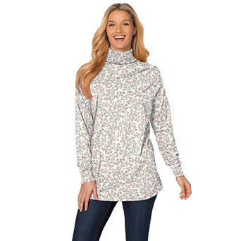 Woman Within Plus Size Perfect Printed Long-Sleeve Turtleneck Tee