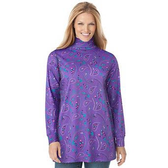 Woman Within Plus Size Perfect Printed Long-Sleeve Turtleneck Tee
