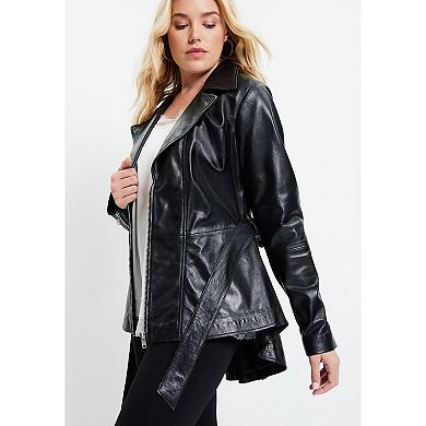 June & Vie Women's Plus Size High-Low Belted Leather Jacket