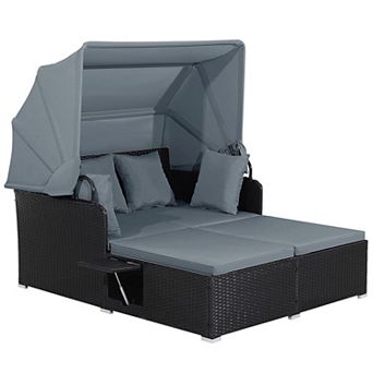 Outdoor Rattan Daybed with Retractable Canopy and Side Trays