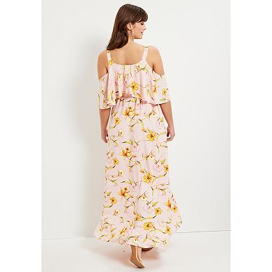 June + Vie Women's Plus Size Cold-Shoulder Faux-Wrap Maxi Dress