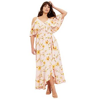 June & Vie Women's Plus Size Cold-Shoulder Faux-Wrap Maxi Dress