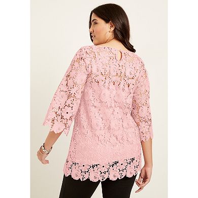 June + Vie Women's Plus Size Allover Lace Top