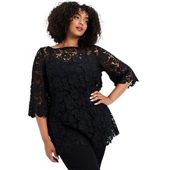 June + Vie Women's Plus Size Allover Lace Top