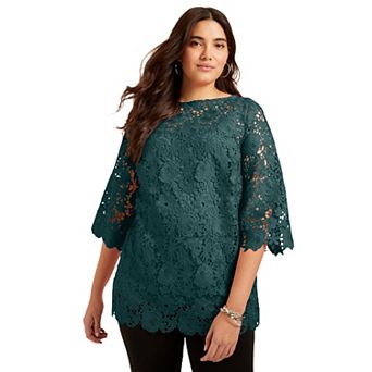 June + Vie Women's Plus Size Allover Lace Top