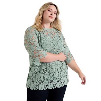 June + Vie Women's Plus Size Allover Lace Top