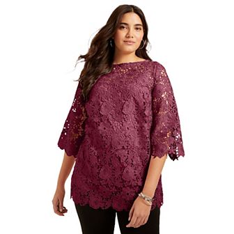 June + Vie Women's Plus Size Allover Lace Top