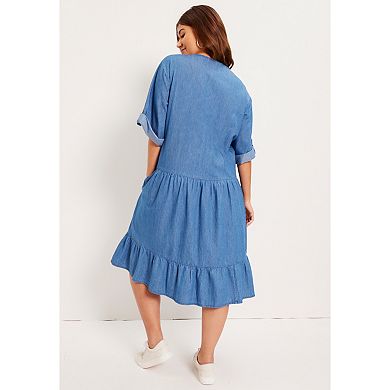 June + Vie Women's Plus Size Ruffled Denim Dress