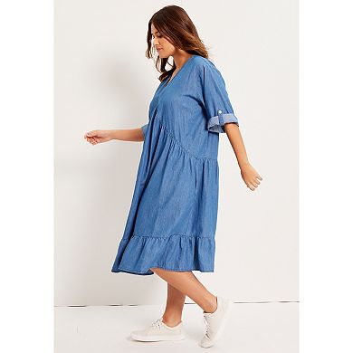 June & Vie Women's Plus Size Ruffled Denim Dress