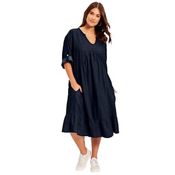 June + Vie Women's Plus Size Ruffled Denim Dress