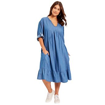 June + Vie Women's Plus Size Ruffled Denim Dress
