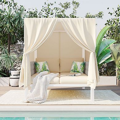 Merax Outdoor Patio Sunbed With Curtains