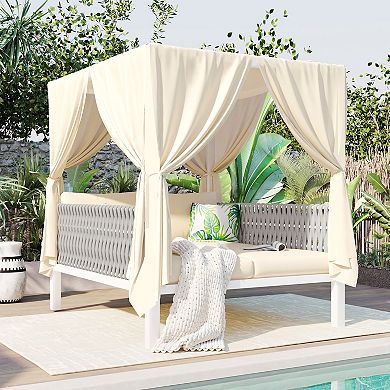 Merax Outdoor Patio Sunbed With Curtains