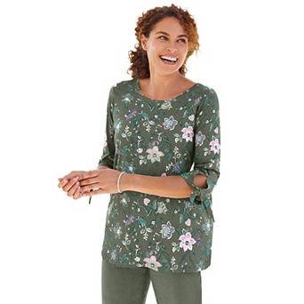 Woman Within Plus Size Perfect Three-Quarter Tie-Sleeve Tee