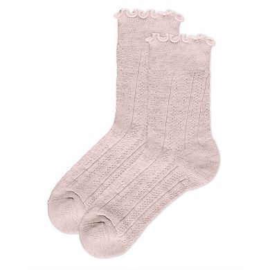Women's Heart Ruffle Cuff Pointelle Crew Socks