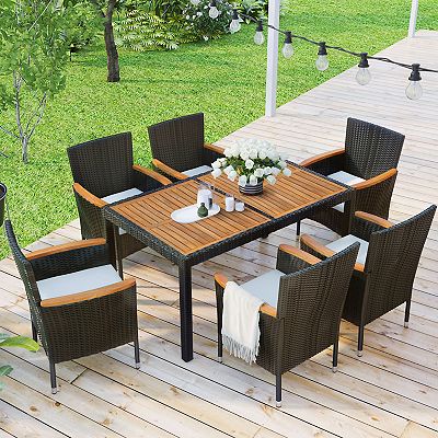 Merax 7 piece Outdoor Patio Dining Set Garden Pe Rattan Wicker Dining Table And Chairs Set