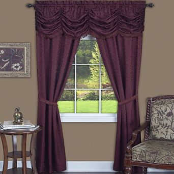 Kate Aurora Jacquard Damask Curtains With An Attached Austrian Valance and Tiebacks