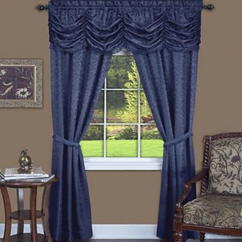 Kate Aurora Jacquard Damask Curtains With An Attached Austrian Valance and Tiebacks