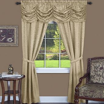 Kate Aurora Jacquard Damask Curtains With An Attached Austrian Valance and Tiebacks