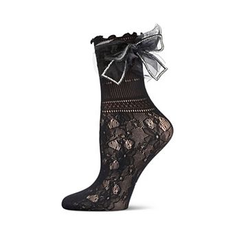 Women's Rhinestone Bow Netted Crew Socks