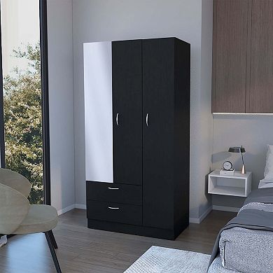 Eloy Modern Wardrobe With Ample Storage,a Mirror, Two Drawers, Four Shelves, And Hanging Rod