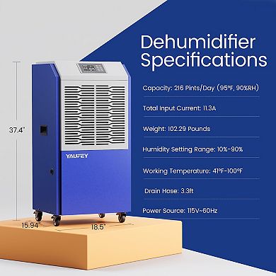 Yaufey Large Commercial Grade 216 Pint Dehumidifier For Space Up To 8,500 Sq. Ft