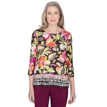 Petite Alfred Dunner Bold Floral Geometric Border Top