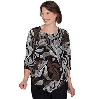 Petite Alfred Dunner Textured Leaf Top With Necklace