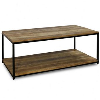 Logan Rectangular Coffee Table with Lower Shelf and Black Iron Frame