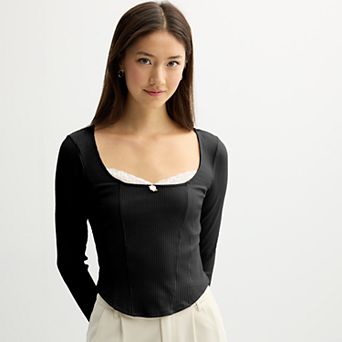 Juniors' madden girl Square Neck Long Sleeve Corset Top with Peekaboo Trim