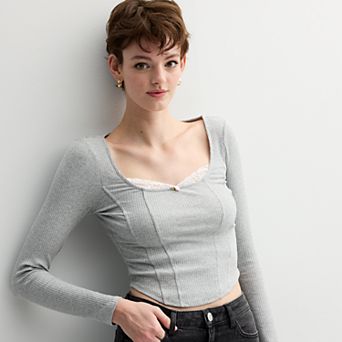 Juniors' madden girl Square Neck Long Sleeve Corset Top with Peekaboo Trim