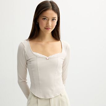 Juniors' madden girl Square Neck Long Sleeve Corset Top with Peekaboo Trim