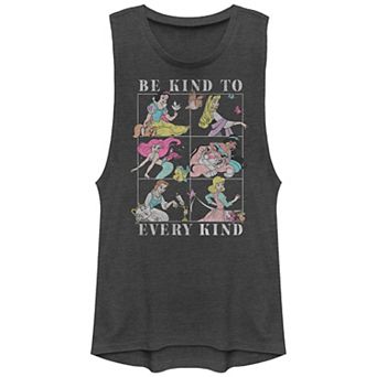Disney Princess Snow White, Aurora, Ariel, Jasmine, Belle and Cinderella Be Kind To Every Kind Juniors' Graphic Tank Top