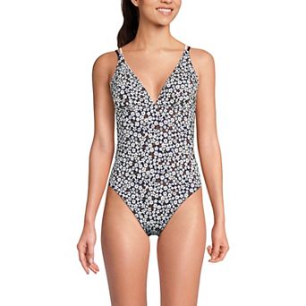 Women's Lands' End Chlorine-Resistant Reversible V-Neck One Piece Swimsuit