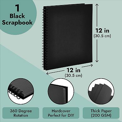 Blank Hardcover 12x12 Scrapbook, Spiral Album For Weddings, Black, 40 Sheets